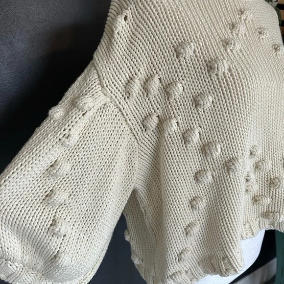 Sabo Cream Chunky Knit Pom Pom Sweater Poncho Oversized Small Boho Cozy - Picture 3 of 10